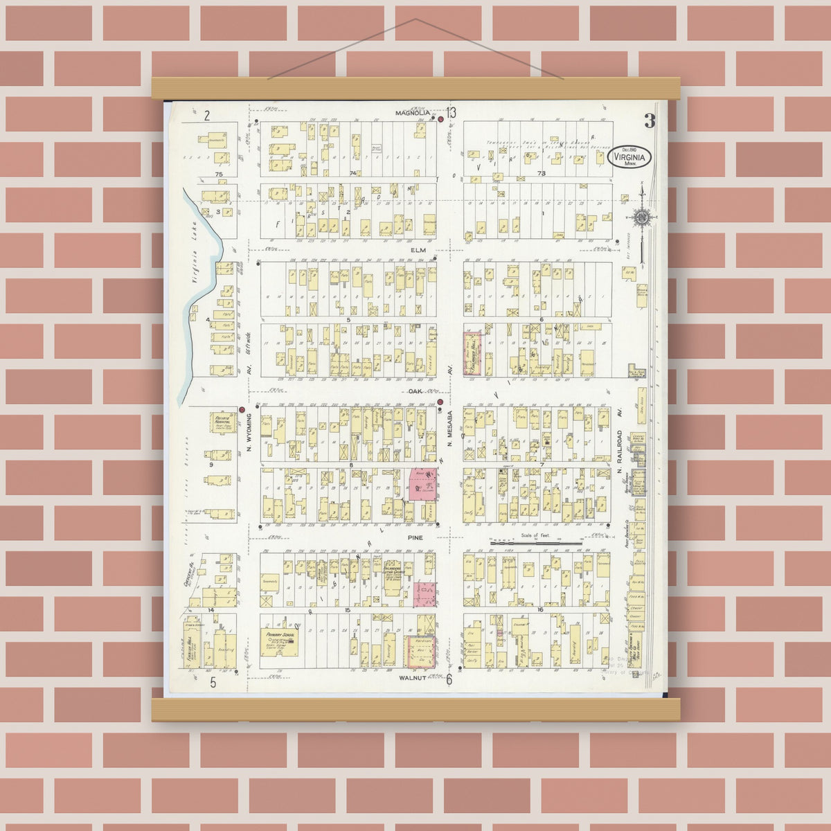 Old map wall art mockup — magnetic wood frame on brick wall — Sanborn Fire Insurance Map from Virginia, Saint Louis County, Minnesota (1910), Sheet #0003