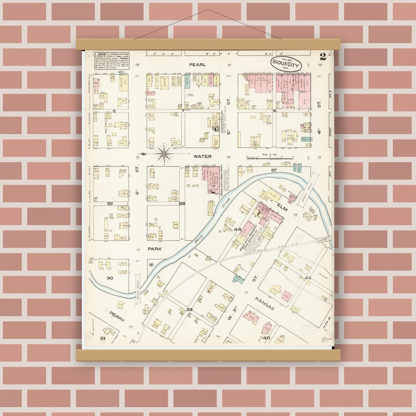 Old map wall art mockup — magnetic wood frame on brick wall — Sanborn Fire Insurance Map from Sioux City, Woodbury County, Iowa (1884), Sheet #0002