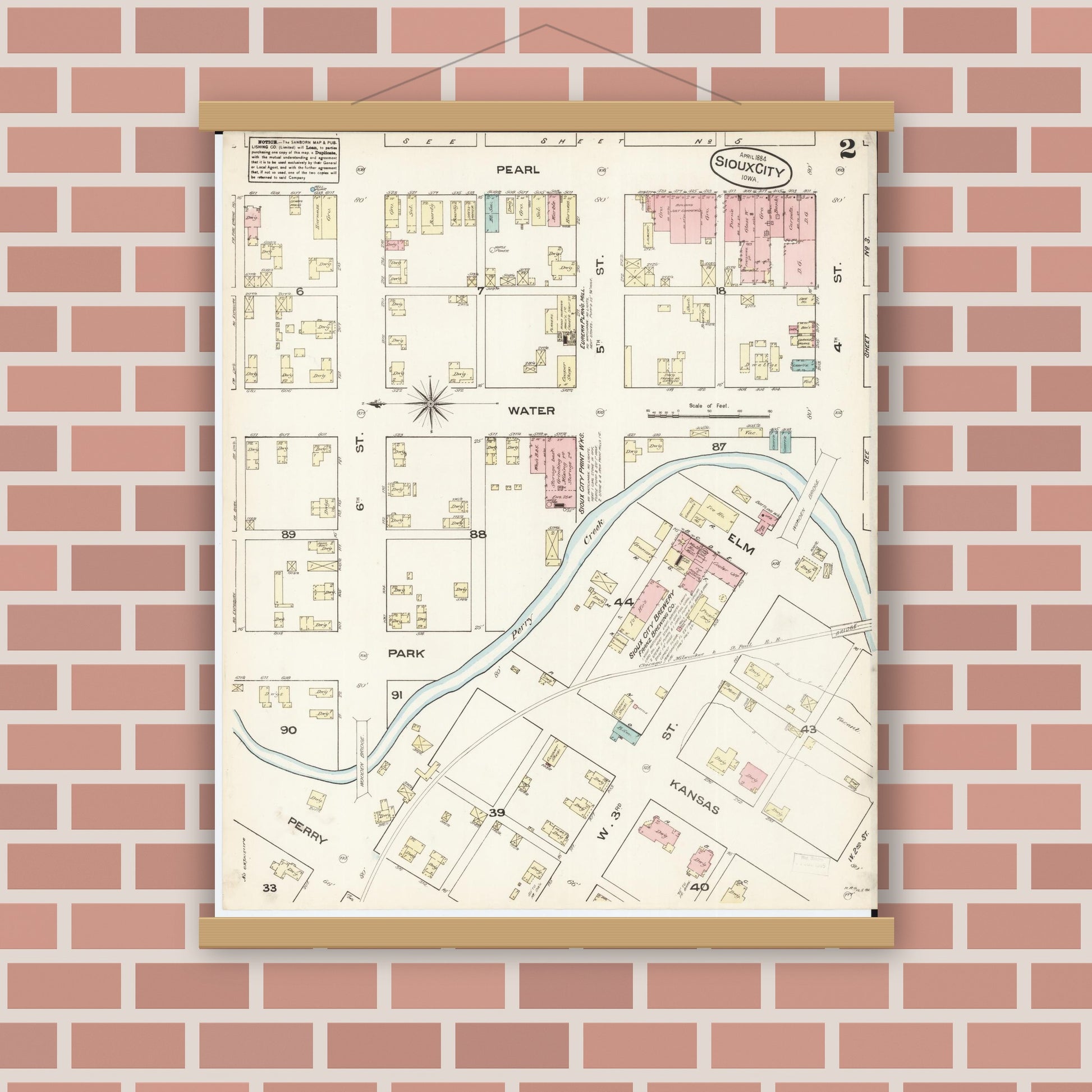 Old map wall art mockup — magnetic wood frame on brick wall — Sanborn Fire Insurance Map from Sioux City, Woodbury County, Iowa (1884), Sheet #0002