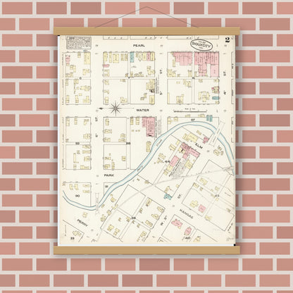 Old map wall art mockup — magnetic wood frame on brick wall — Sanborn Fire Insurance Map from Sioux City, Woodbury County, Iowa (1884), Sheet #0002