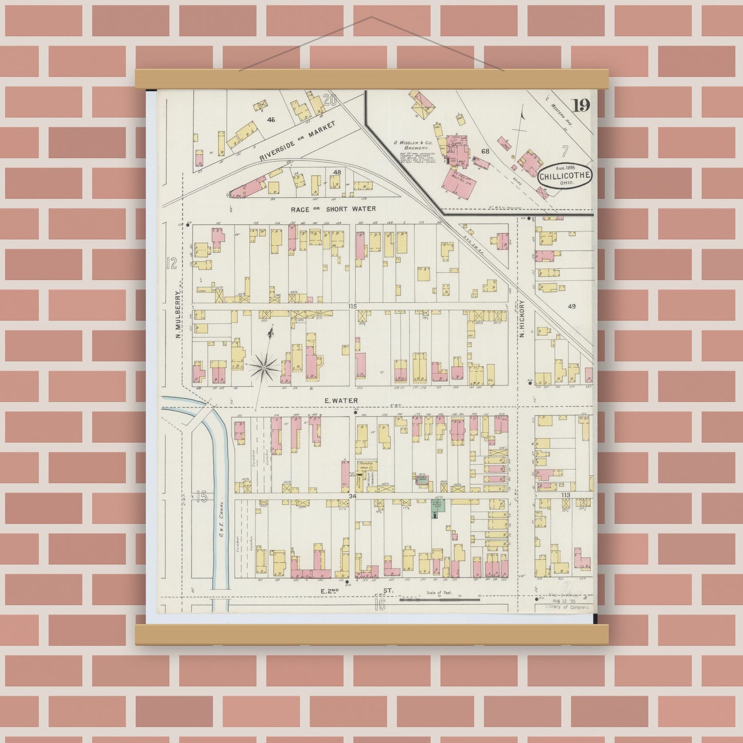 Old map wall art mockup — magnetic wood frame on brick wall — Sanborn Fire Insurance Map from Chillicothe, Ross County, Ohio (1895), Sheet #0019