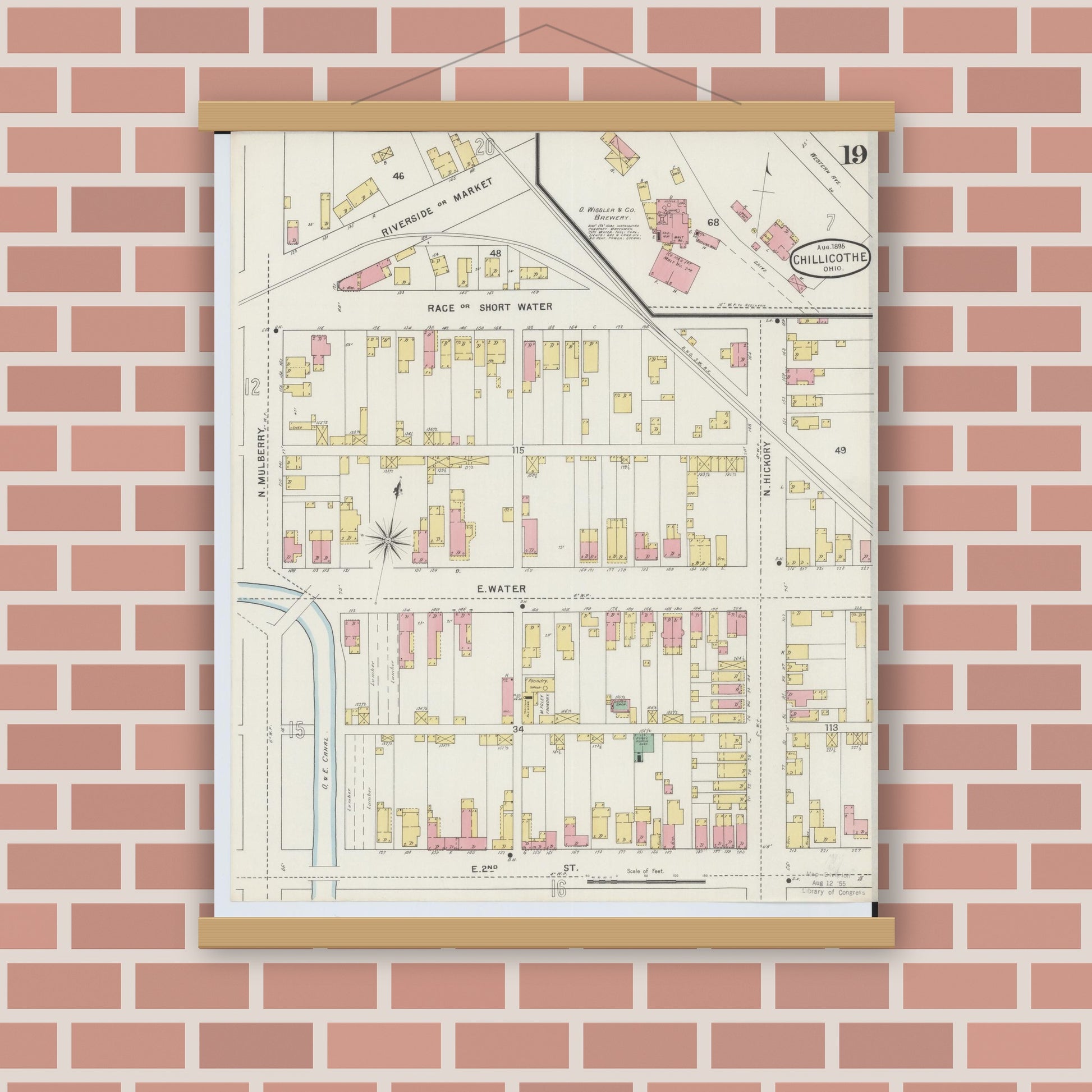 Old map wall art mockup — magnetic wood frame on brick wall — Sanborn Fire Insurance Map from Chillicothe, Ross County, Ohio (1895), Sheet #0019
