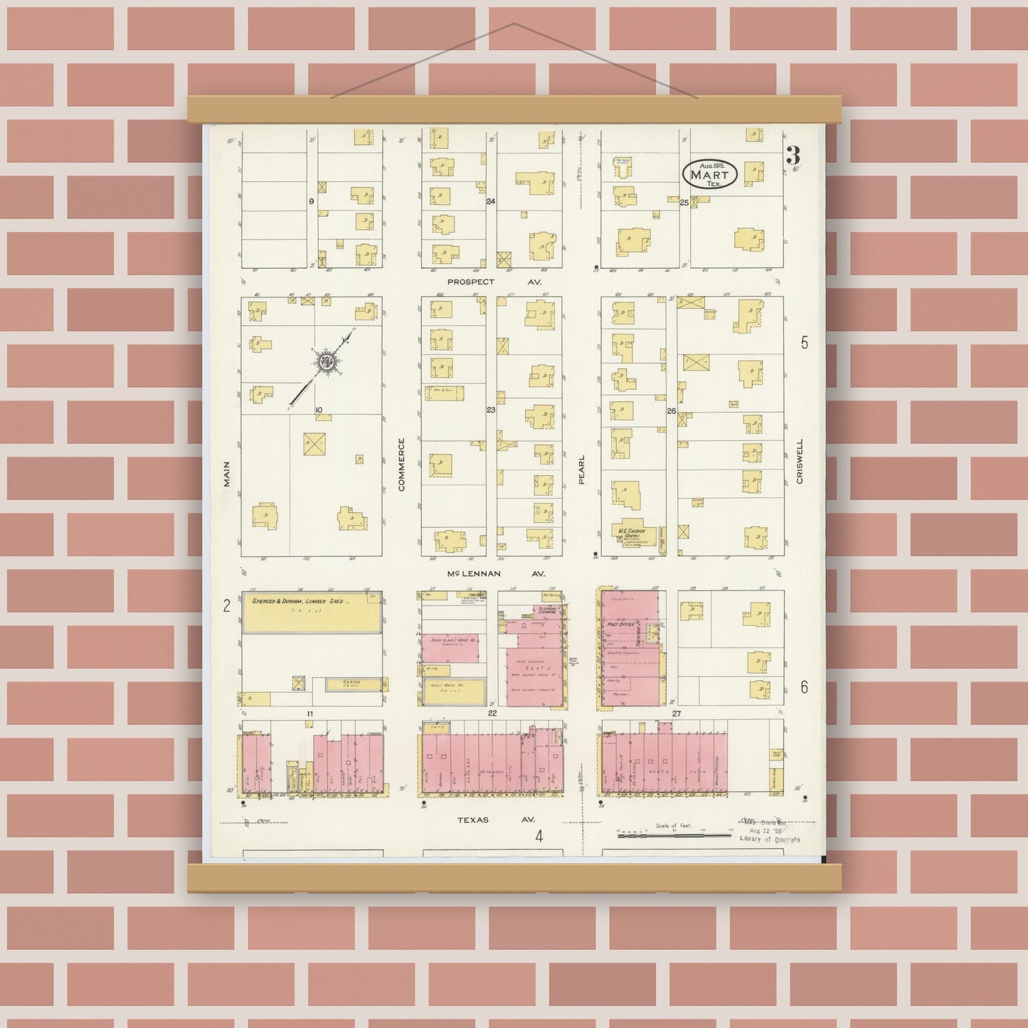 Old map wall art mockup — magnetic wood frame on brick wall — Sanborn Fire Insurance Map from Mart, McLennan County, Texas (1915), Sheet #0003