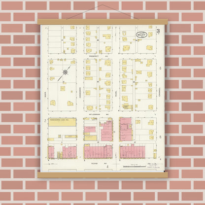 Old map wall art mockup — magnetic wood frame on brick wall — Sanborn Fire Insurance Map from Mart, McLennan County, Texas (1915), Sheet #0003