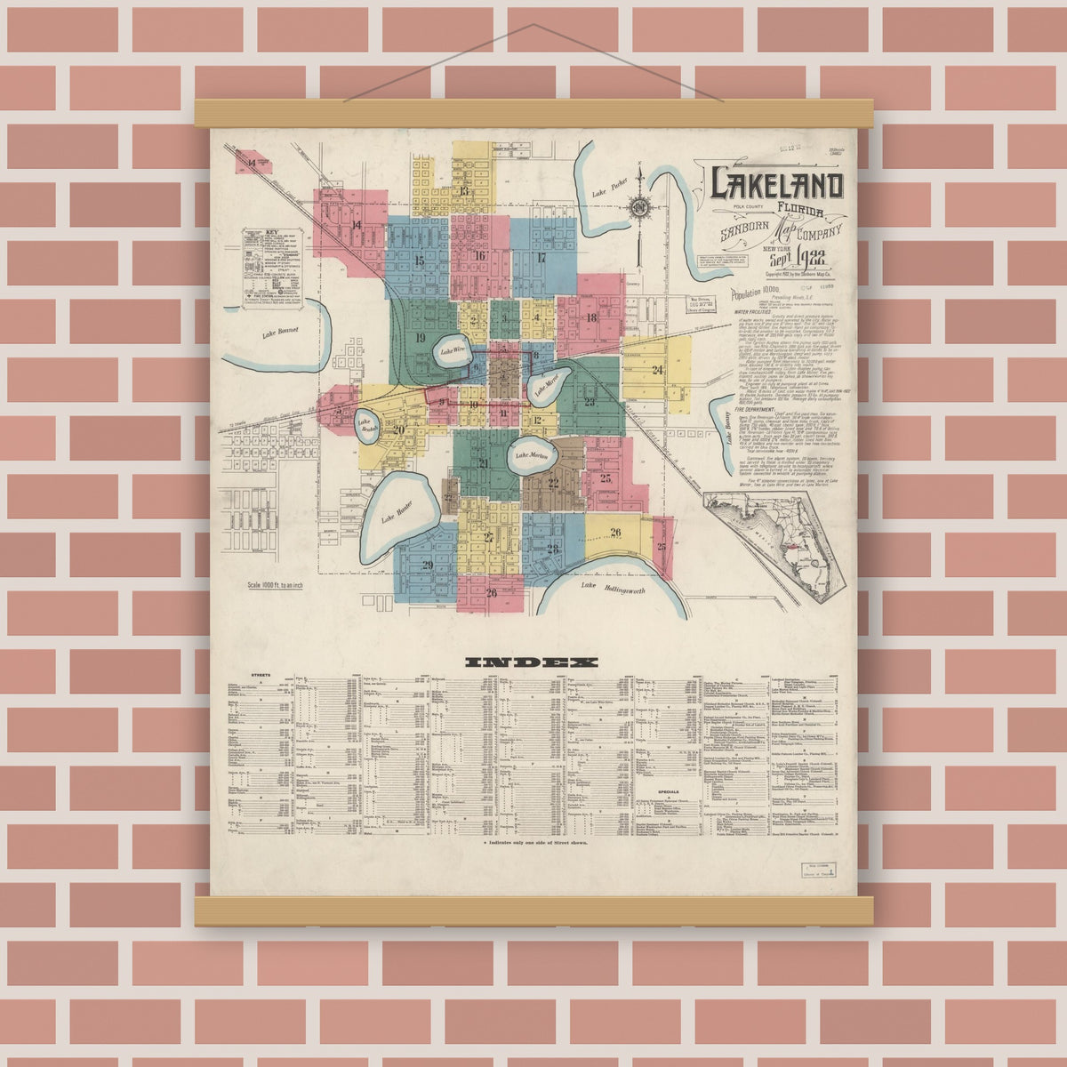 Old map wall art mockup — magnetic wood frame on brick wall — Sanborn Fire Insurance Map from Lakeland, Polk County, Florida (1922), Sheet #0001