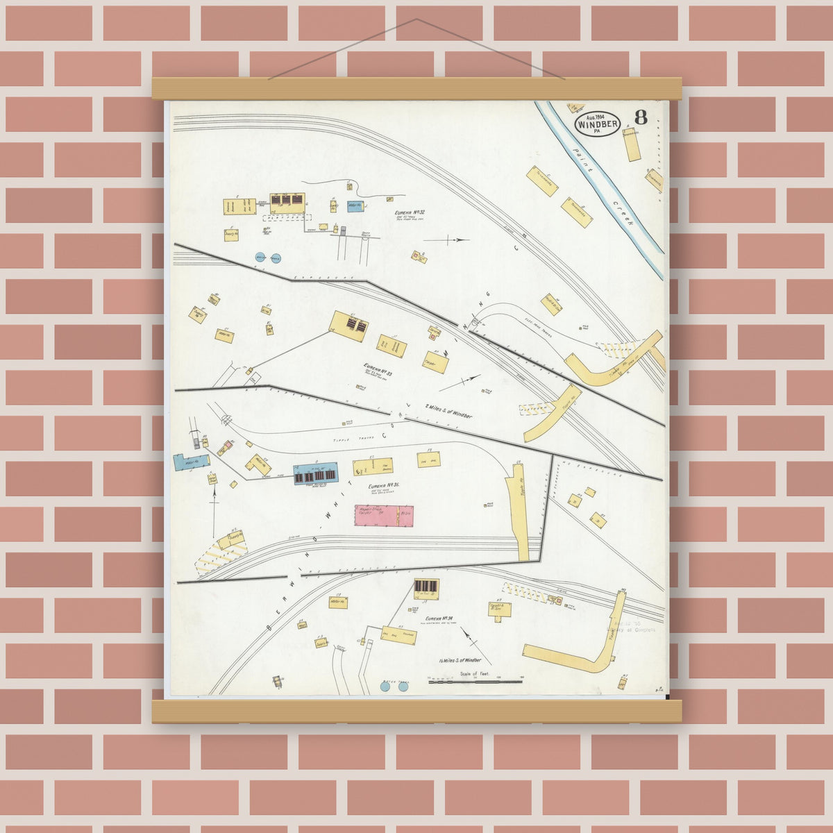Old map wall art mockup — magnetic wood frame on brick wall — Sanborn Fire Insurance Map from Windber, Somerset County, Pennsylvania (1904), Sheet #0008