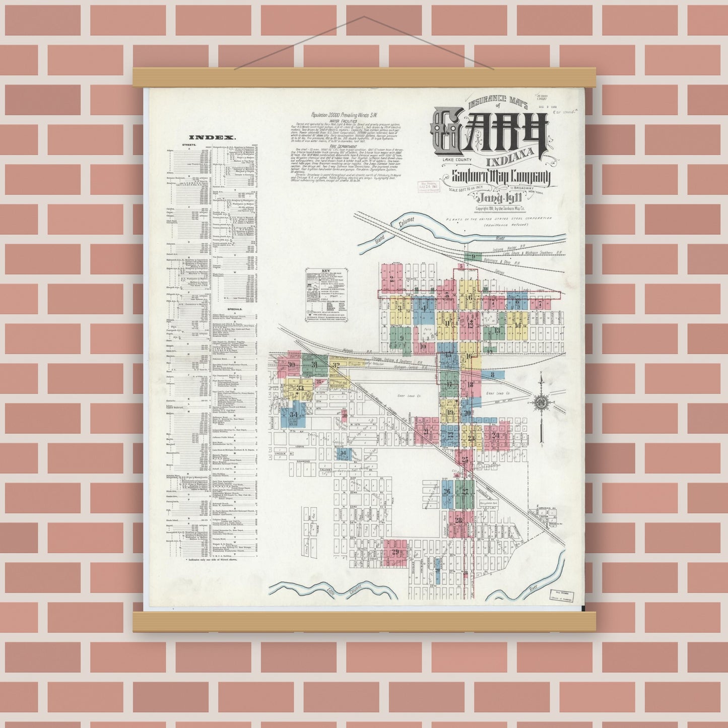 Old map wall art mockup — magnetic wood frame on brick wall — Sanborn Fire Insurance Map from Gary, Lake County, Indiana (1911) - Complete Map Set