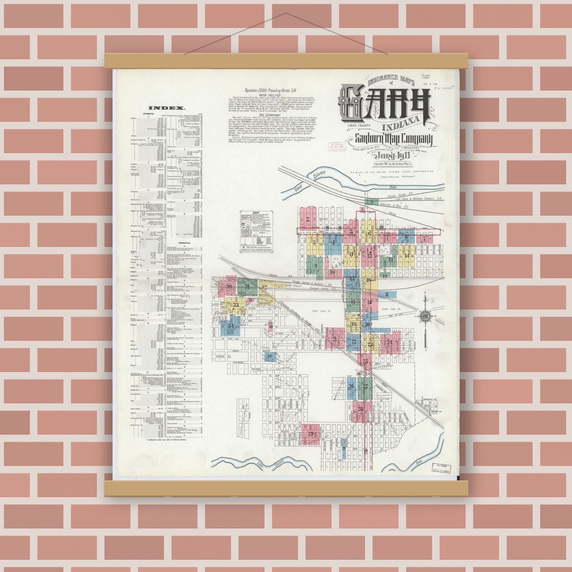 Old map wall art mockup — magnetic wood frame on brick wall — Sanborn Fire Insurance Map from Gary, Lake County, Indiana (1911) - Complete Map Set