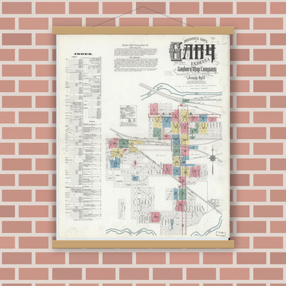 Old map wall art mockup — magnetic wood frame on brick wall — Sanborn Fire Insurance Map from Gary, Lake County, Indiana (1911) - Complete Map Set