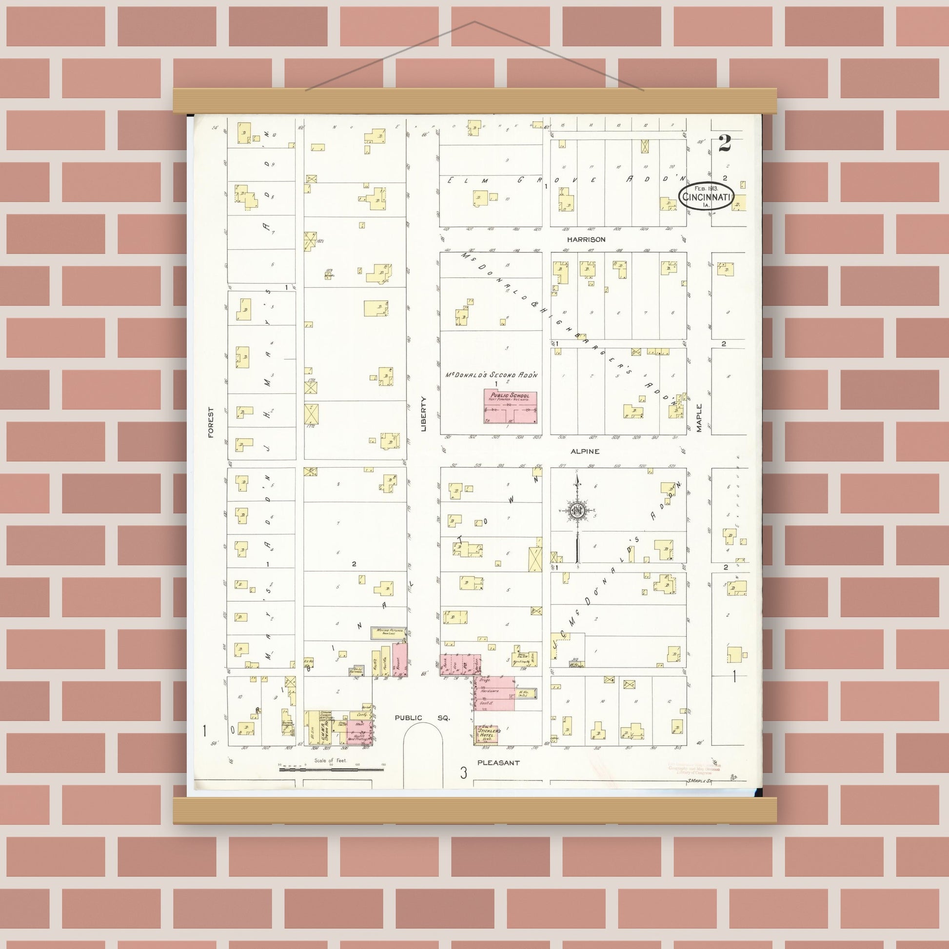 Old map wall art mockup — magnetic wood frame on brick wall — Sanborn Fire Insurance Map from Cincinnati, Appanoose County, Iowa (1913), Sheet #0002