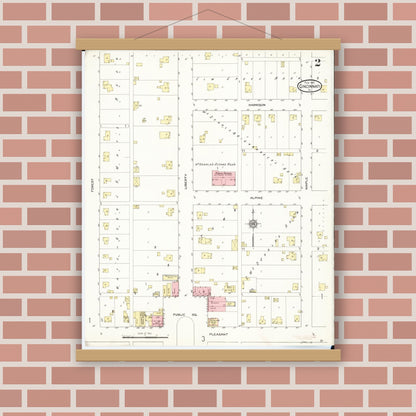 Old map wall art mockup — magnetic wood frame on brick wall — Sanborn Fire Insurance Map from Cincinnati, Appanoose County, Iowa (1913), Sheet #0002