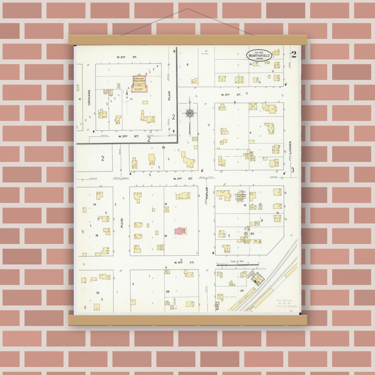 Old map wall art mockup — magnetic wood frame on brick wall — Sanborn Fire Insurance Map from Northfield, Rice County, Minnesota (1910), Sheet #0002