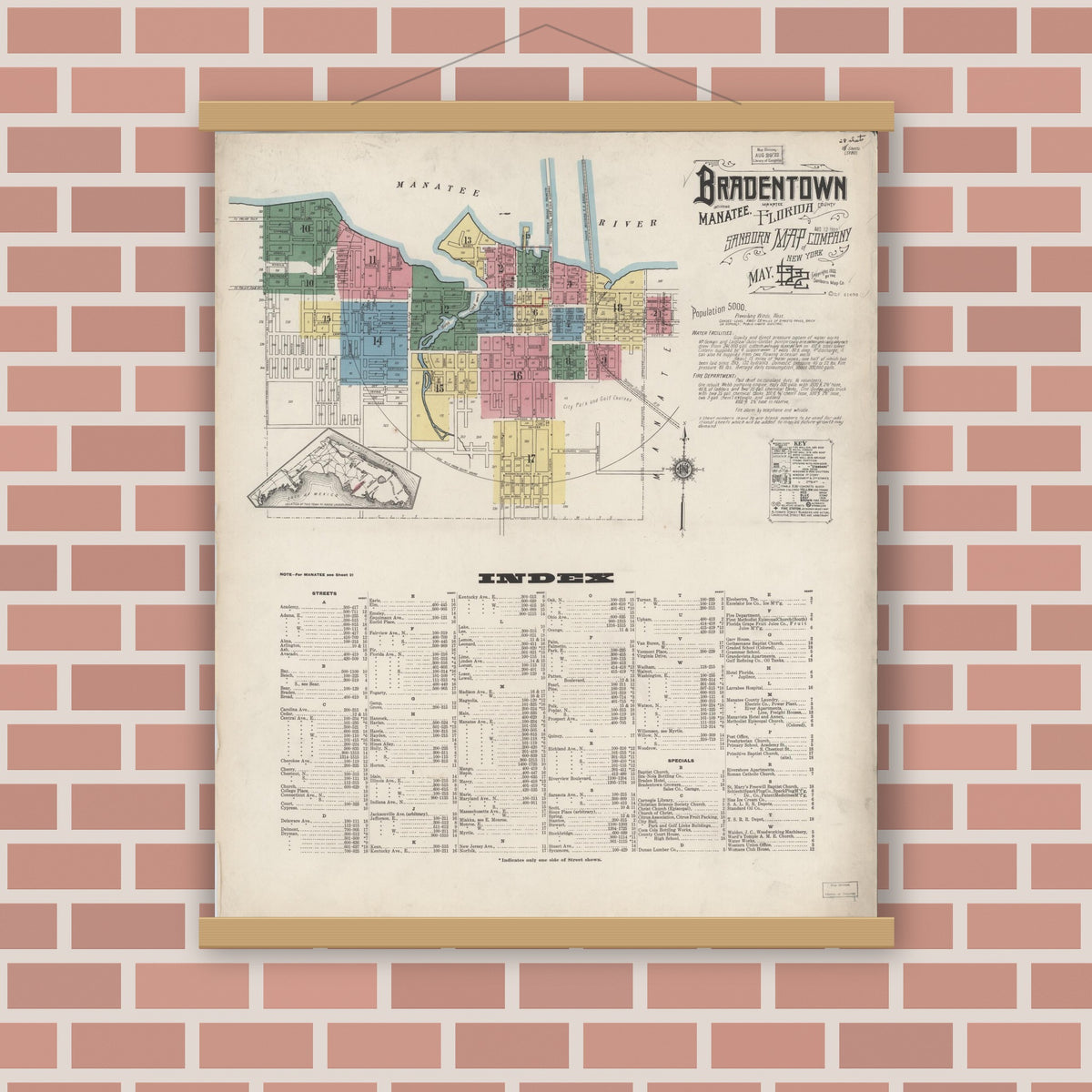 Old map wall art mockup — magnetic wood frame on brick wall — Sanborn Fire Insurance Map from Bradentown, Manatee County, Florida (1922) - Complete Map Set