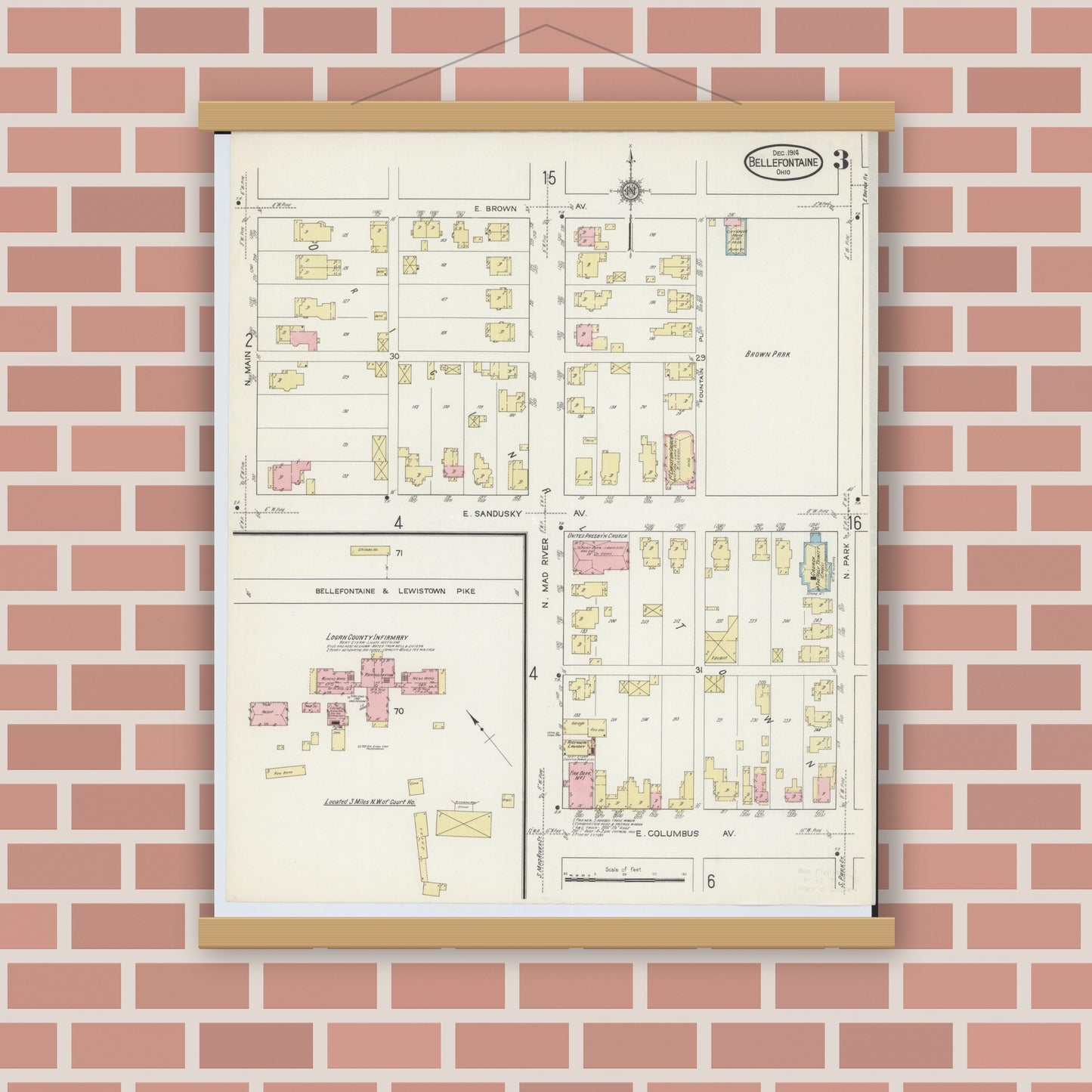 Old map wall art mockup — magnetic wood frame on brick wall — Sanborn Fire Insurance Map from Bellefontaine, Logan County, Ohio (1914), Sheet #0003