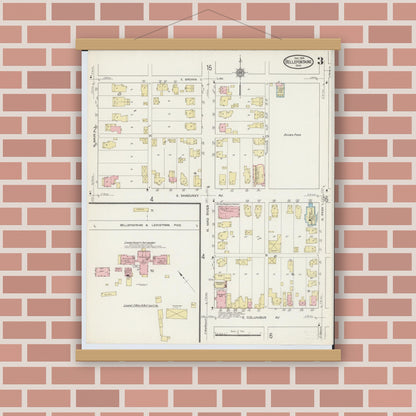 Old map wall art mockup — magnetic wood frame on brick wall — Sanborn Fire Insurance Map from Bellefontaine, Logan County, Ohio (1914), Sheet #0003