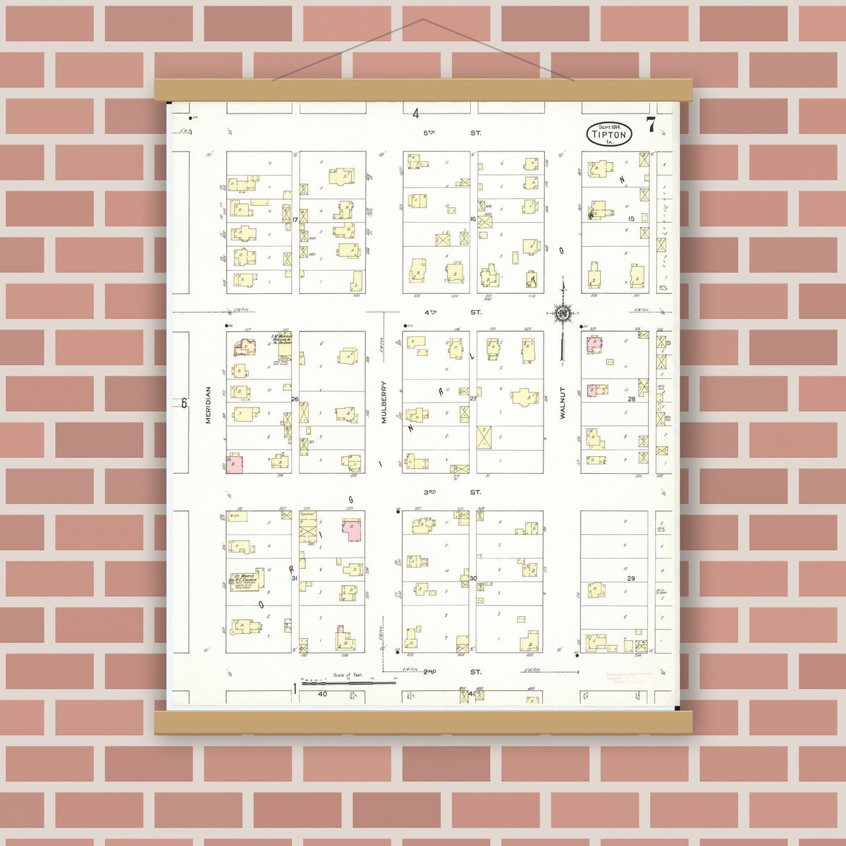 Old map wall art mockup — magnetic wood frame on brick wall — Sanborn Fire Insurance Map from Tipton, Cedar County, Iowa (1914), Sheet #0007