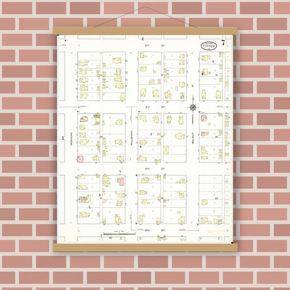 Old map wall art mockup — magnetic wood frame on brick wall — Sanborn Fire Insurance Map from Tipton, Cedar County, Iowa (1914), Sheet #0007