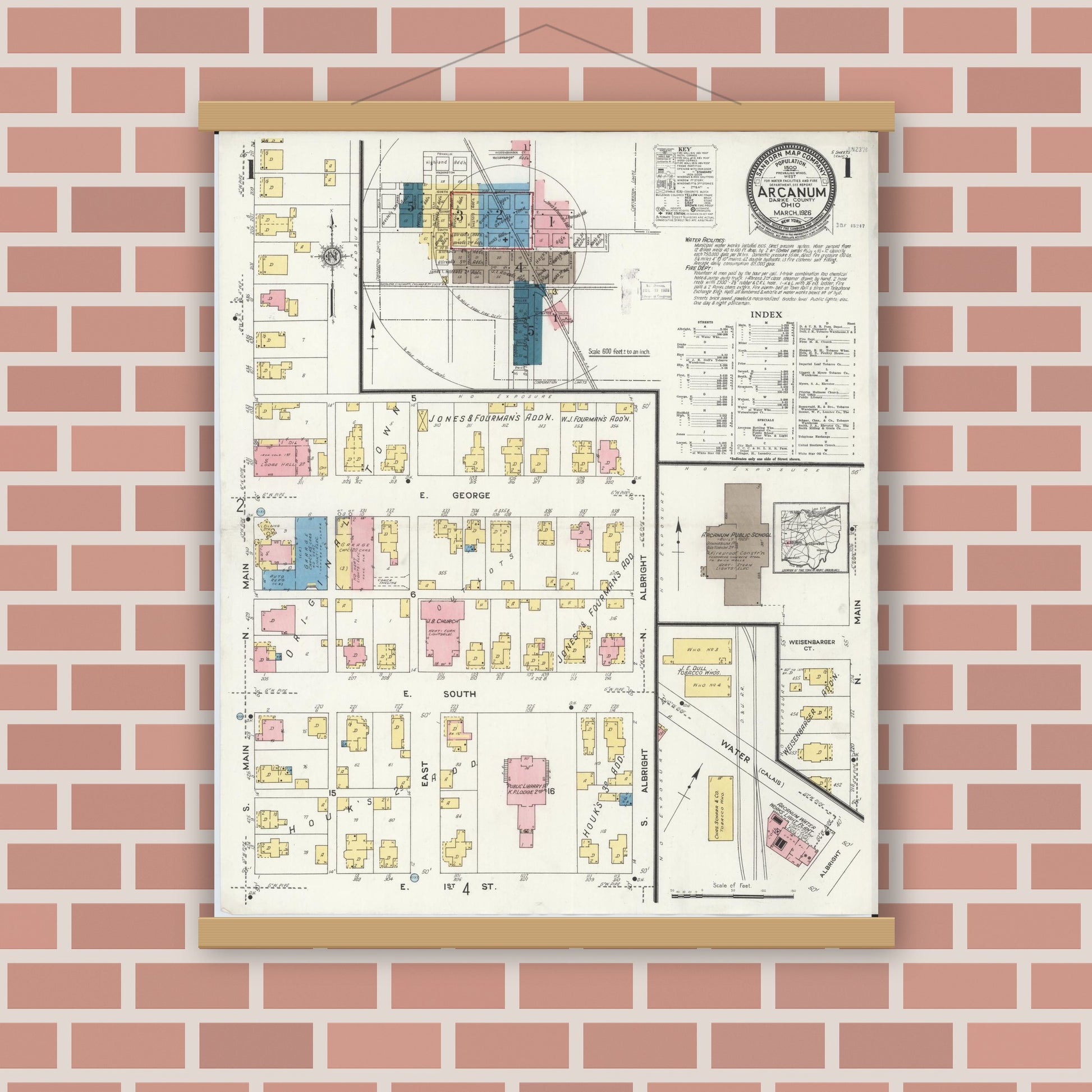 Old map wall art mockup — magnetic wood frame on brick wall — Sanborn Fire Insurance Map from Arcanum, Darke County, Ohio (1926) - Complete Map Set