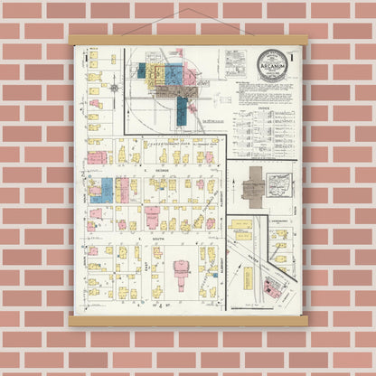 Old map wall art mockup — magnetic wood frame on brick wall — Sanborn Fire Insurance Map from Arcanum, Darke County, Ohio (1926) - Complete Map Set