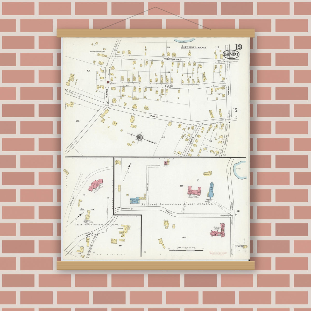 Old map wall art mockup — magnetic wood frame on brick wall — Sanborn Fire Insurance Map from Danvers, Essex County, Massachusetts (1916), Sheet #0019