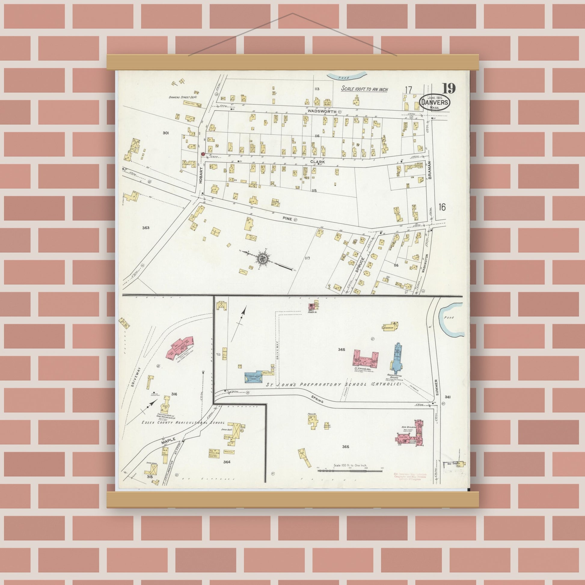 Old map wall art mockup — magnetic wood frame on brick wall — Sanborn Fire Insurance Map from Danvers, Essex County, Massachusetts (1916), Sheet #0019