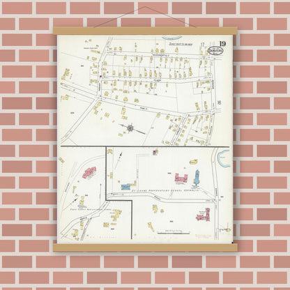 Old map wall art mockup — magnetic wood frame on brick wall — Sanborn Fire Insurance Map from Danvers, Essex County, Massachusetts (1916), Sheet #0019