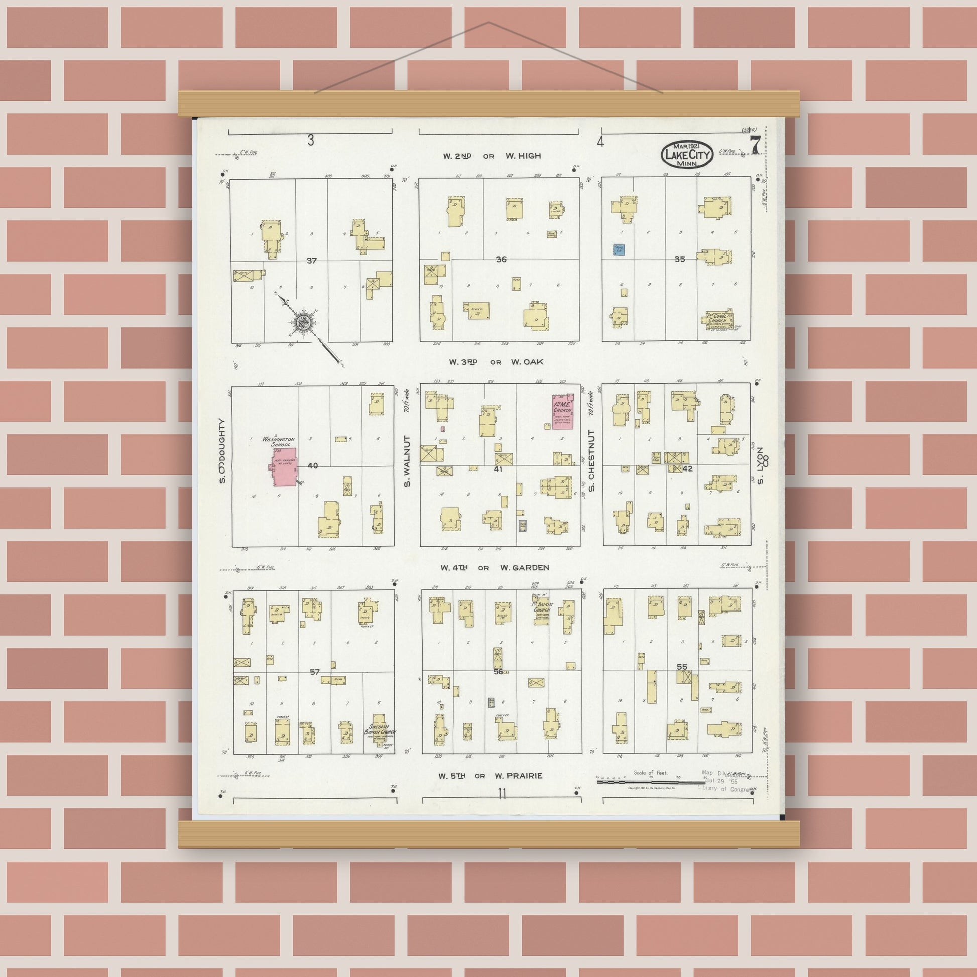 Old map wall art mockup — magnetic wood frame on brick wall — Sanborn Fire Insurance Map from Lake City, Wabasha County, Minnesota (1921), Sheet #0007
