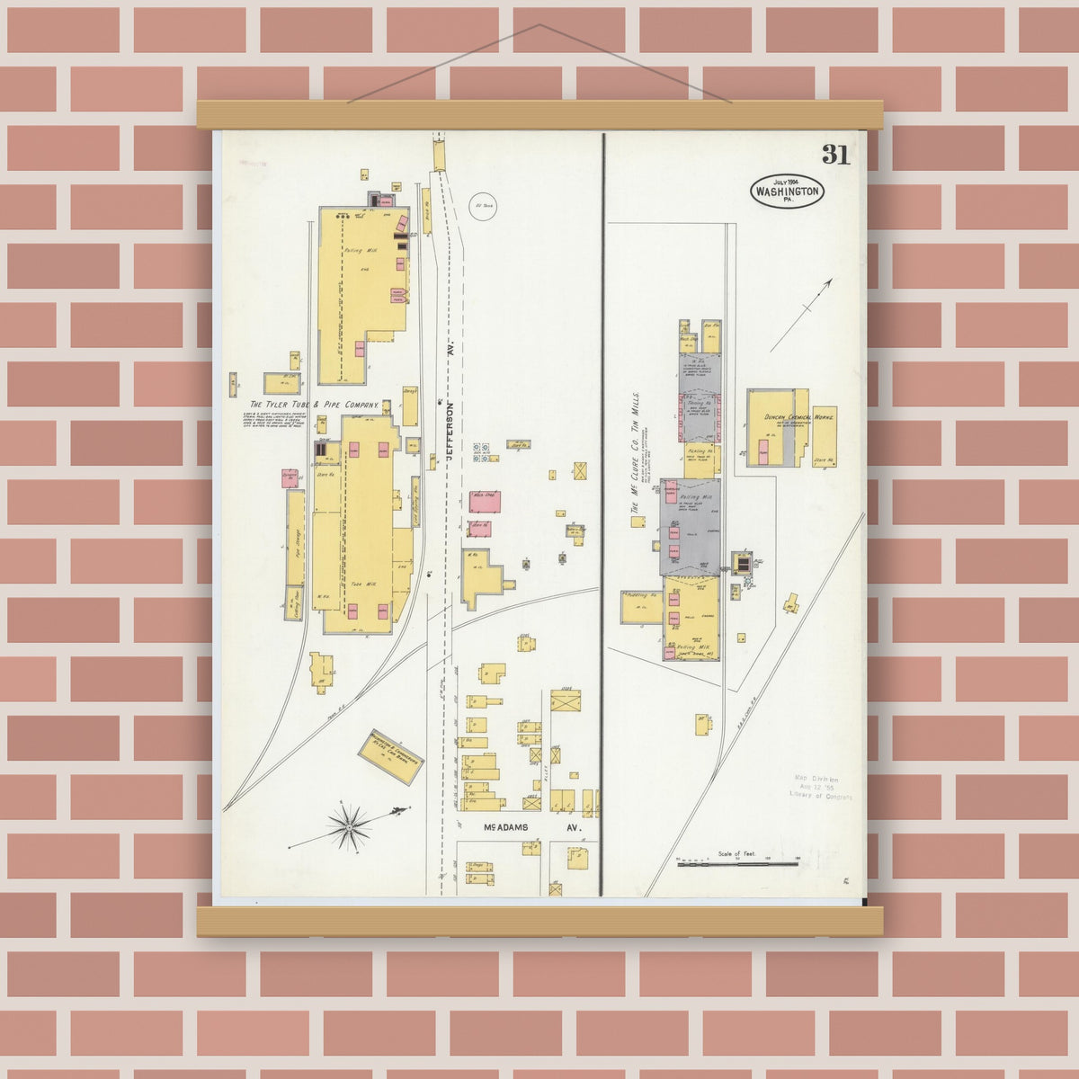 Old map wall art mockup — magnetic wood frame on brick wall — Sanborn Fire Insurance Map from Washington, Washington County, Pennsylvania (1904), Sheet #0031