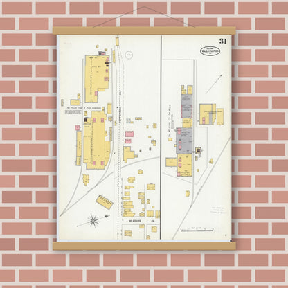 Old map wall art mockup — magnetic wood frame on brick wall — Sanborn Fire Insurance Map from Washington, Washington County, Pennsylvania (1904), Sheet #0031