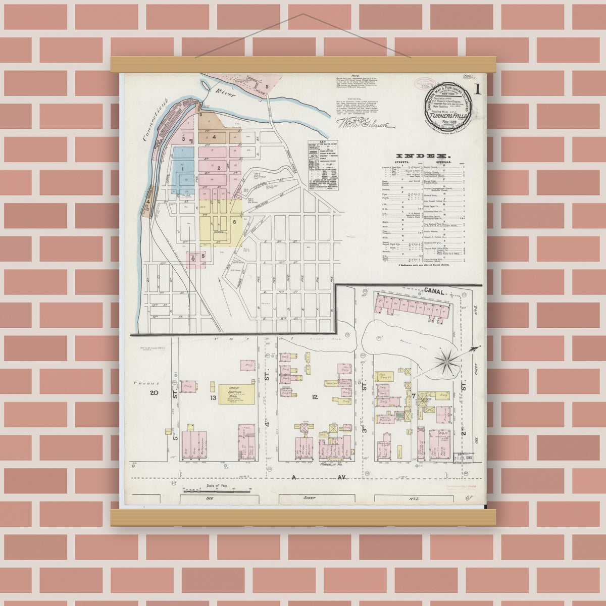 Old map wall art mockup — magnetic wood frame on brick wall — Sanborn Fire Insurance Map from Turners Falls, Franklin County, Massachusetts (1889), Sheet #0001