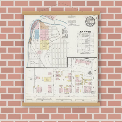 Old map wall art mockup — magnetic wood frame on brick wall — Sanborn Fire Insurance Map from Turners Falls, Franklin County, Massachusetts (1889), Sheet #0001