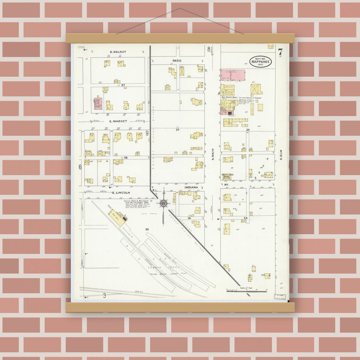 Old map wall art mockup — magnetic wood frame on brick wall — Sanborn Fire Insurance Map from Nappanee, Elkhart County, Indiana (1910), Sheet #0007