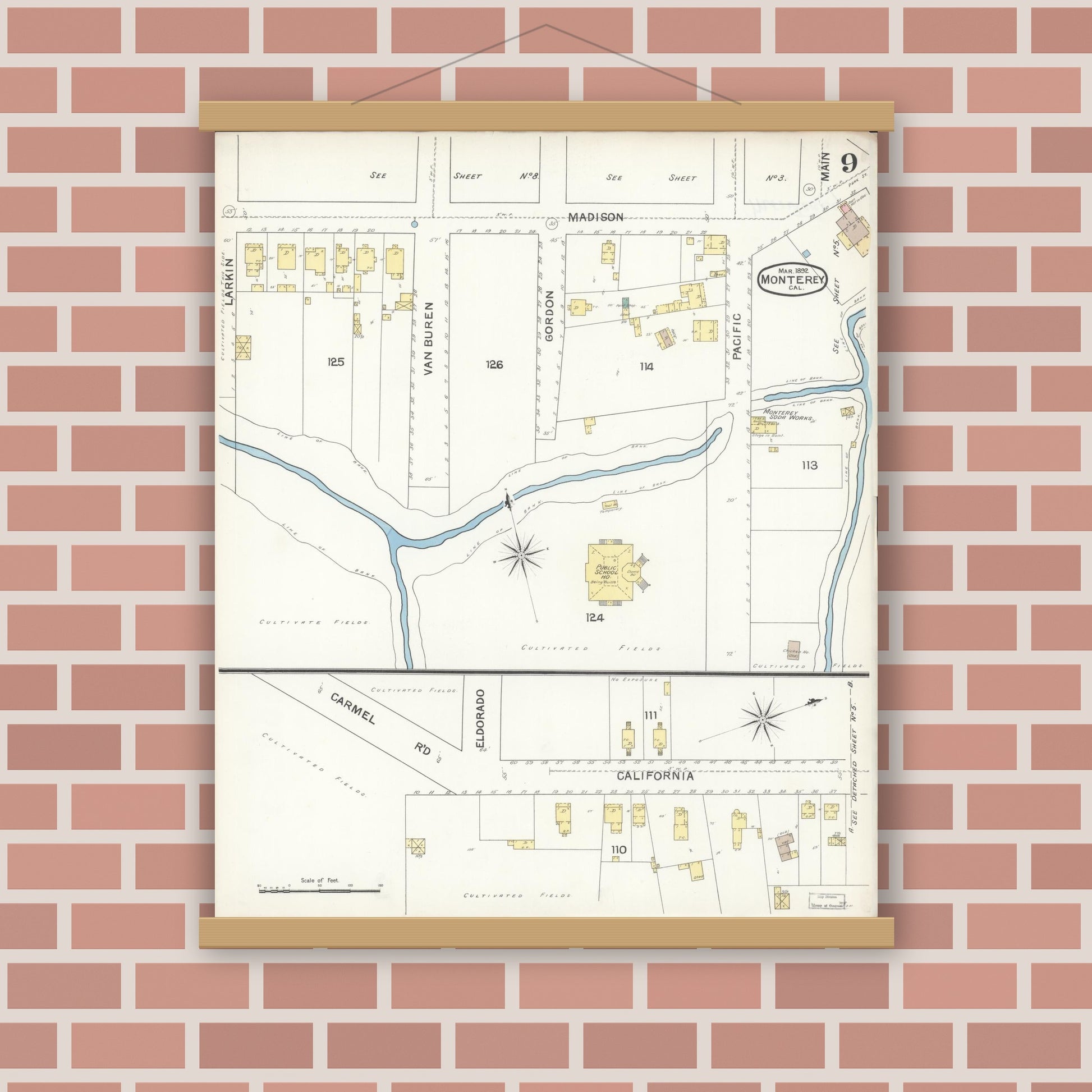 Old map wall art mockup — magnetic wood frame on brick wall — Sanborn Fire Insurance Map from Monterey, Monterey County, California (1892), Sheet #0009