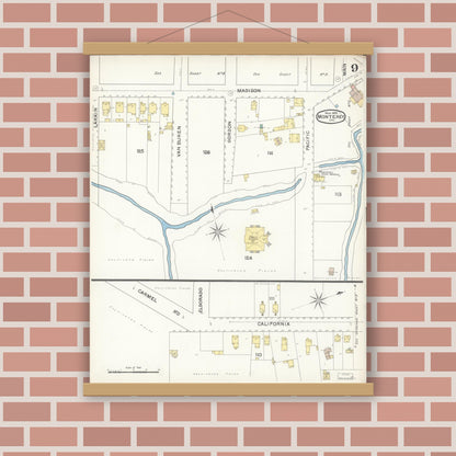 Old map wall art mockup — magnetic wood frame on brick wall — Sanborn Fire Insurance Map from Monterey, Monterey County, California (1892), Sheet #0009