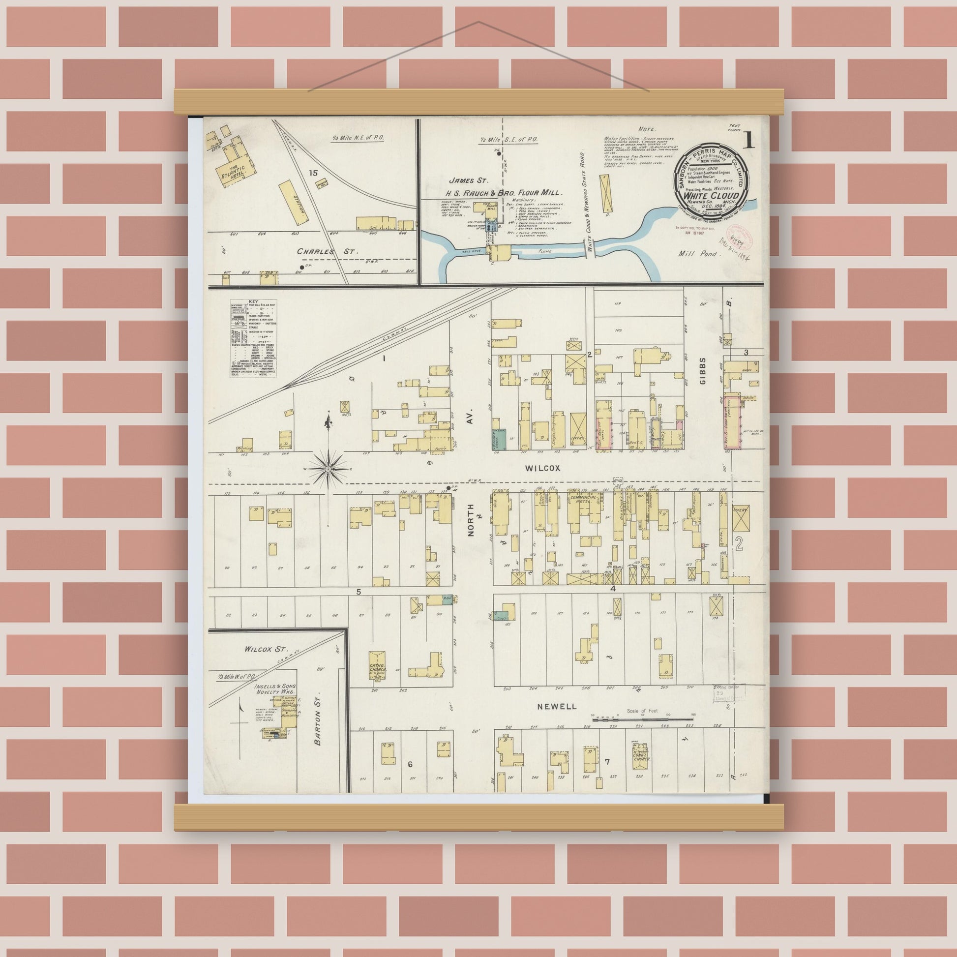 Old map wall art mockup — magnetic wood frame on brick wall — Sanborn Fire Insurance Map from White Cloud, Newaygo County, Michigan (1894) - Complete Map Set