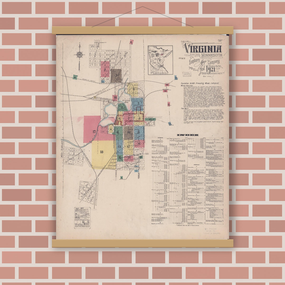 Old map wall art mockup — magnetic wood frame on brick wall — Sanborn Fire Insurance Map from Virginia, Saint Louis County, Minnesota (1921), Sheet #0001