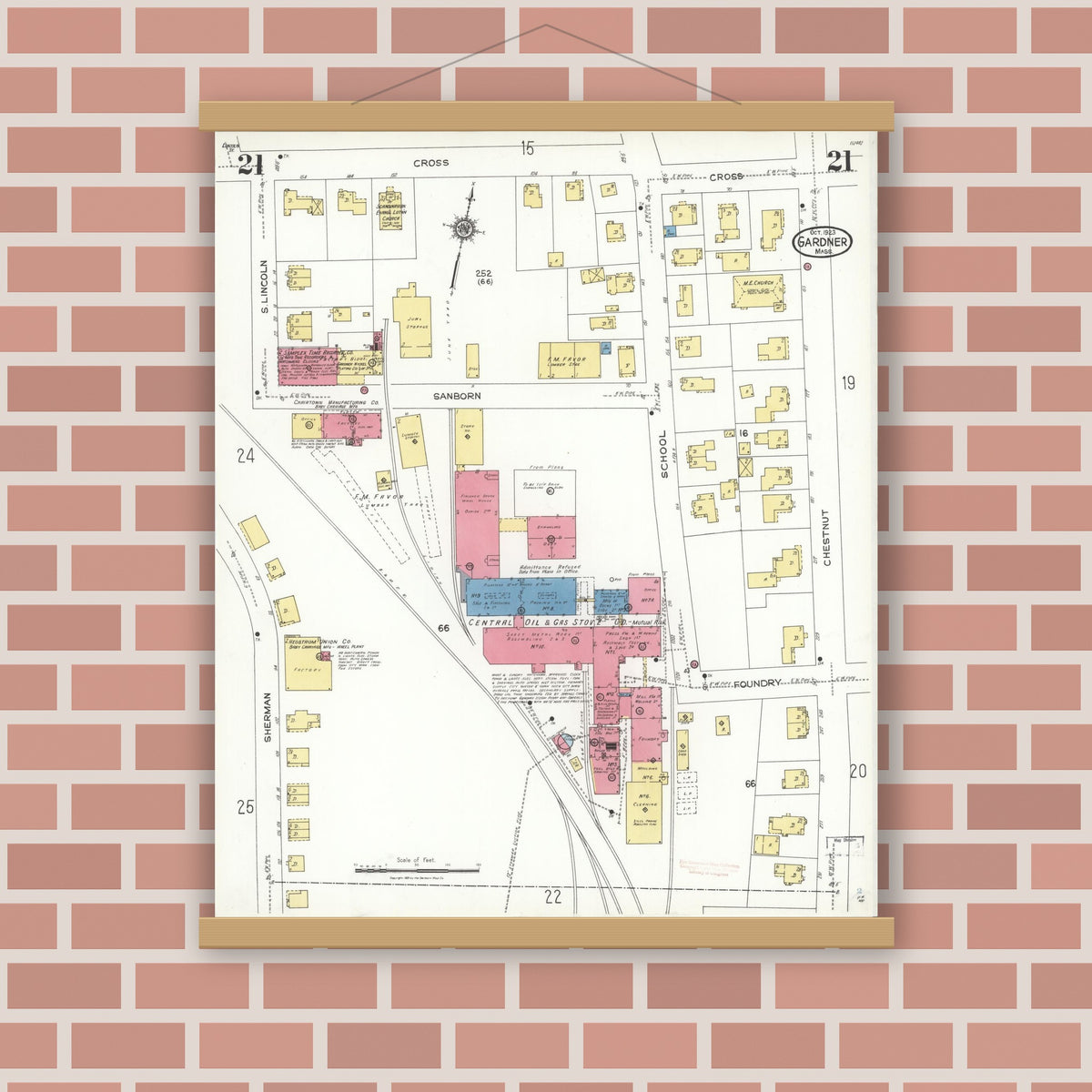 Old map wall art mockup — magnetic wood frame on brick wall — Sanborn Fire Insurance Map from Gardner, Worcester County, Massachusetts (1923), Sheet #0021