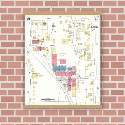 Old map wall art mockup — magnetic wood frame on brick wall — Sanborn Fire Insurance Map from Gardner, Worcester County, Massachusetts (1923), Sheet #0021