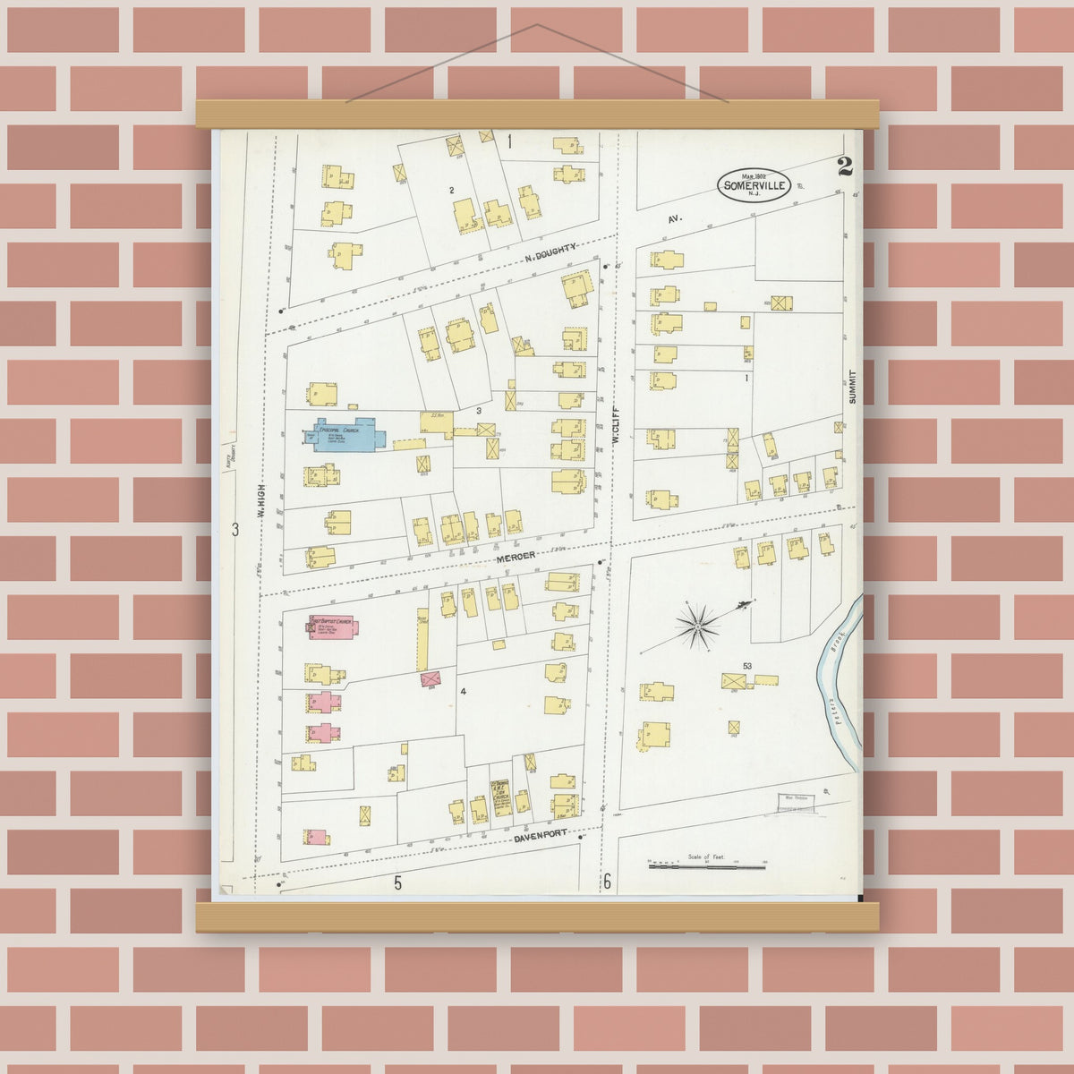 Old map wall art mockup — magnetic wood frame on brick wall — Sanborn Fire Insurance Map from Somerville, Somerset County, New Jersey (1902), Sheet #0002