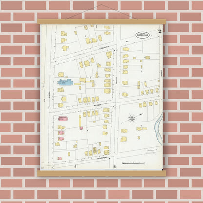 Old map wall art mockup — magnetic wood frame on brick wall — Sanborn Fire Insurance Map from Somerville, Somerset County, New Jersey (1902), Sheet #0002