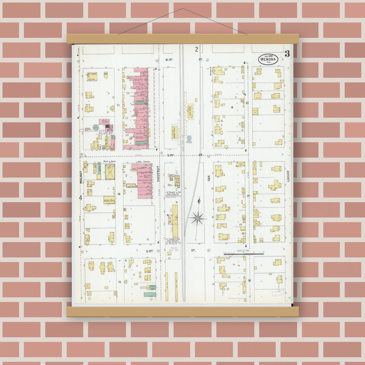 Old map wall art mockup — magnetic wood frame on brick wall — Sanborn Fire Insurance Map from Wenona, Marshall County, Illinois (1899), Sheet #0003