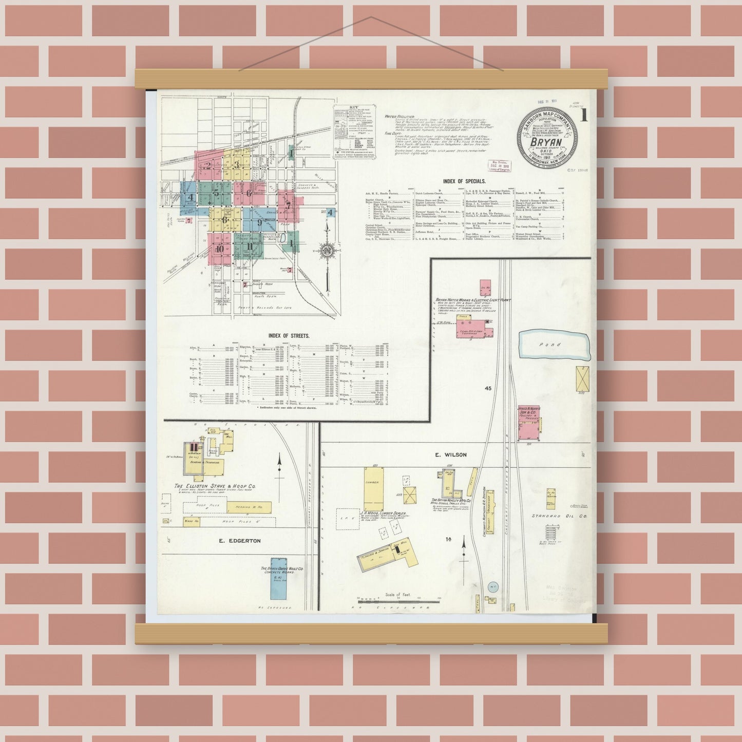 Old map wall art mockup — magnetic wood frame on brick wall — Sanborn Fire Insurance Map from Bryan, Williams County, Ohio (1911) - Complete Map Set