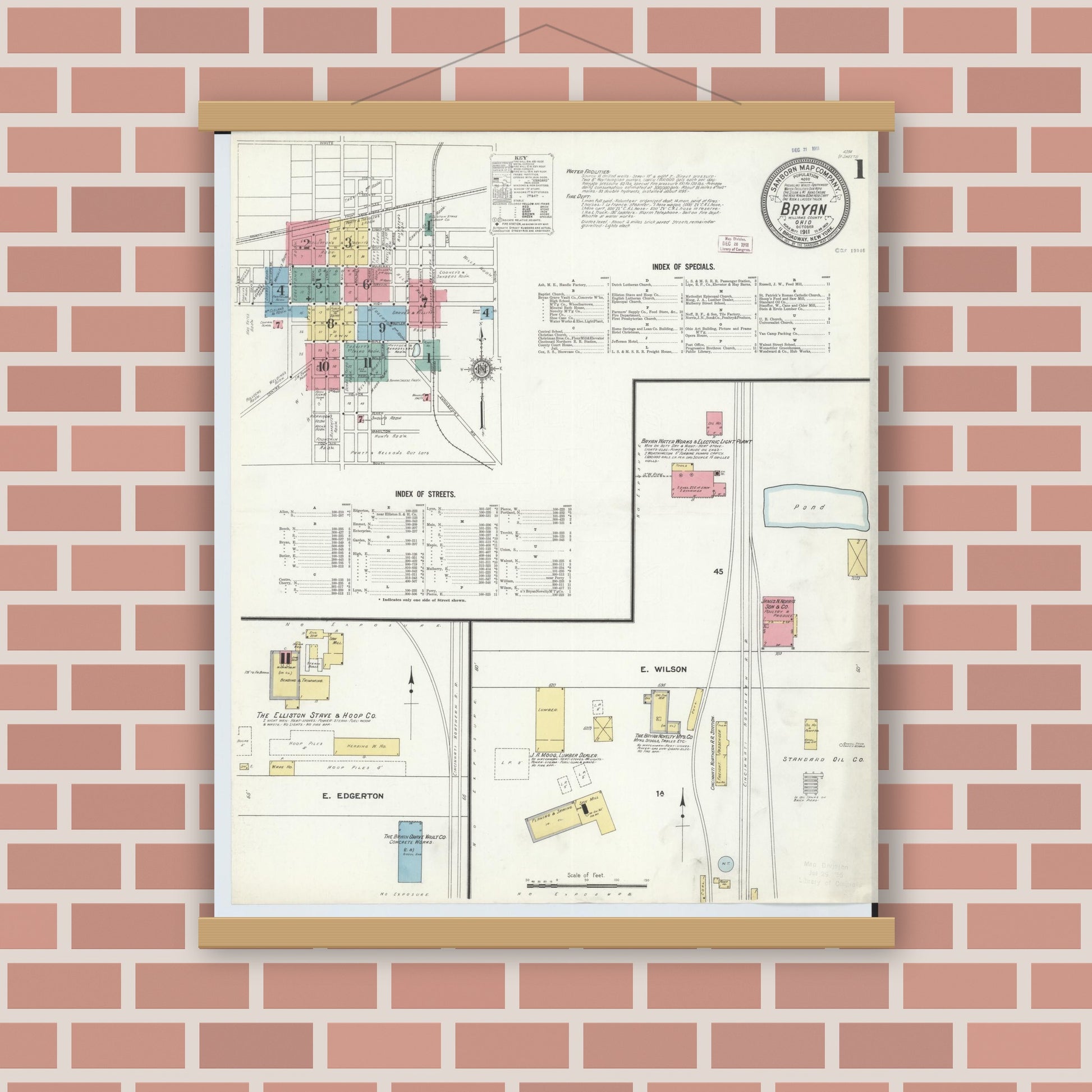 Old map wall art mockup — magnetic wood frame on brick wall — Sanborn Fire Insurance Map from Bryan, Williams County, Ohio (1911) - Complete Map Set