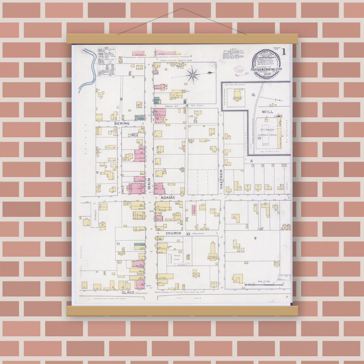 Old map wall art mockup — magnetic wood frame on brick wall — Sanborn Fire Insurance Map from Festus, Jefferson County, Missouri (1894) - Complete Map Set