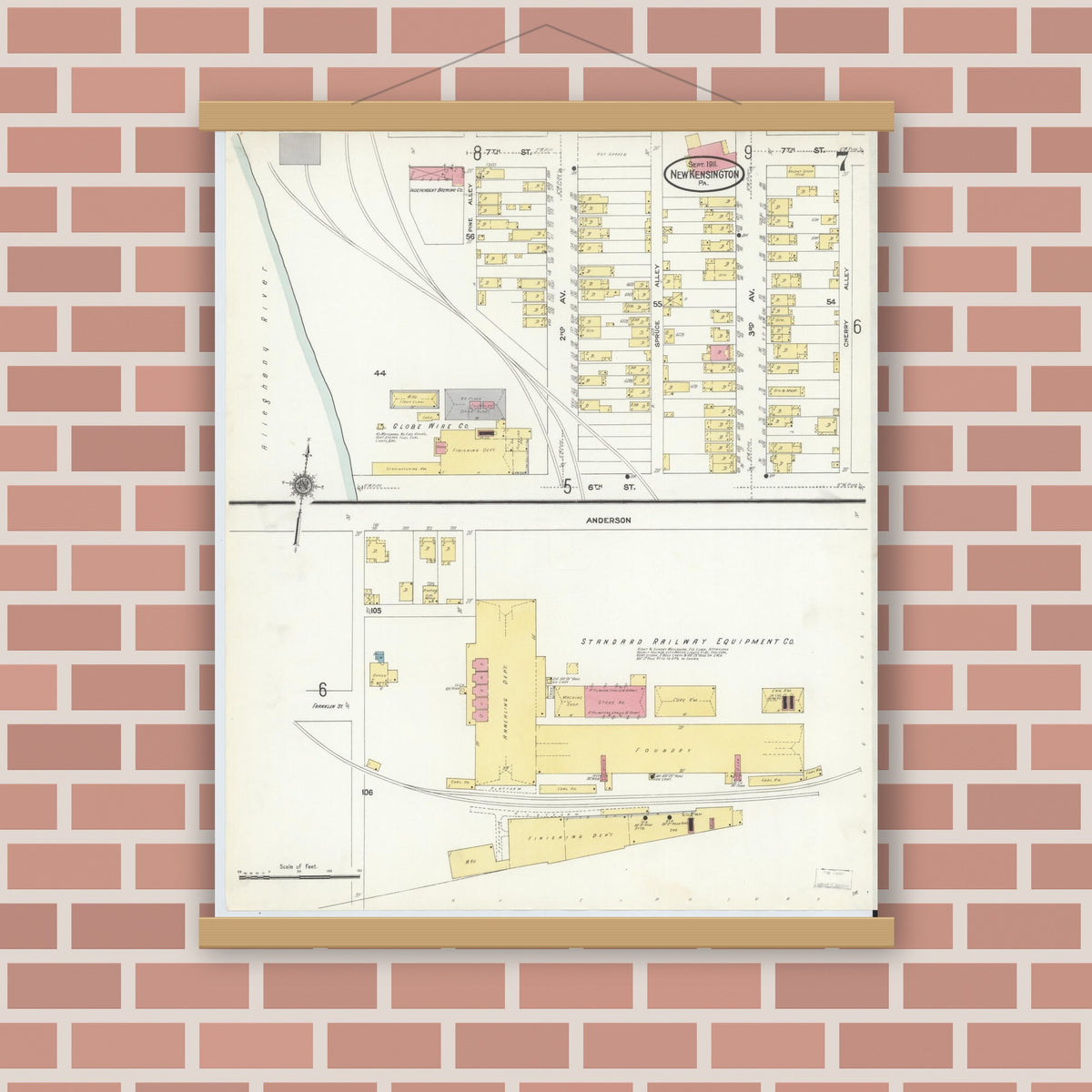 Old map wall art mockup — magnetic wood frame on brick wall — Sanborn Fire Insurance Map from New Kensington, Westmoreland County, Pennsylvania (1911), Sheet #0007