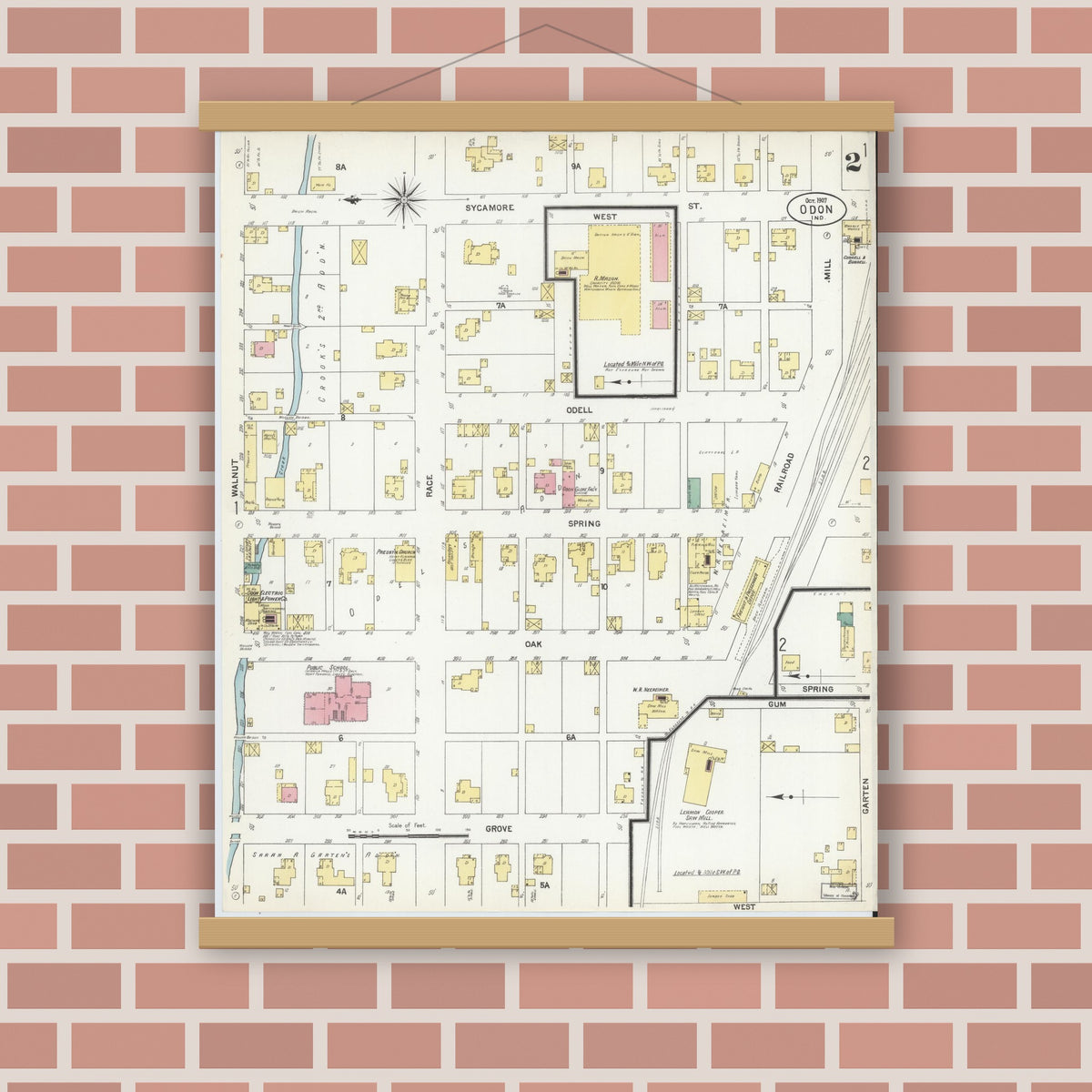 Old map wall art mockup — magnetic wood frame on brick wall — Sanborn Fire Insurance Map from Odon, Daviess County, Indiana (1907), Sheet #0002