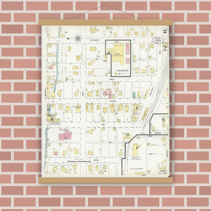 Old map wall art mockup — magnetic wood frame on brick wall — Sanborn Fire Insurance Map from Odon, Daviess County, Indiana (1907), Sheet #0002