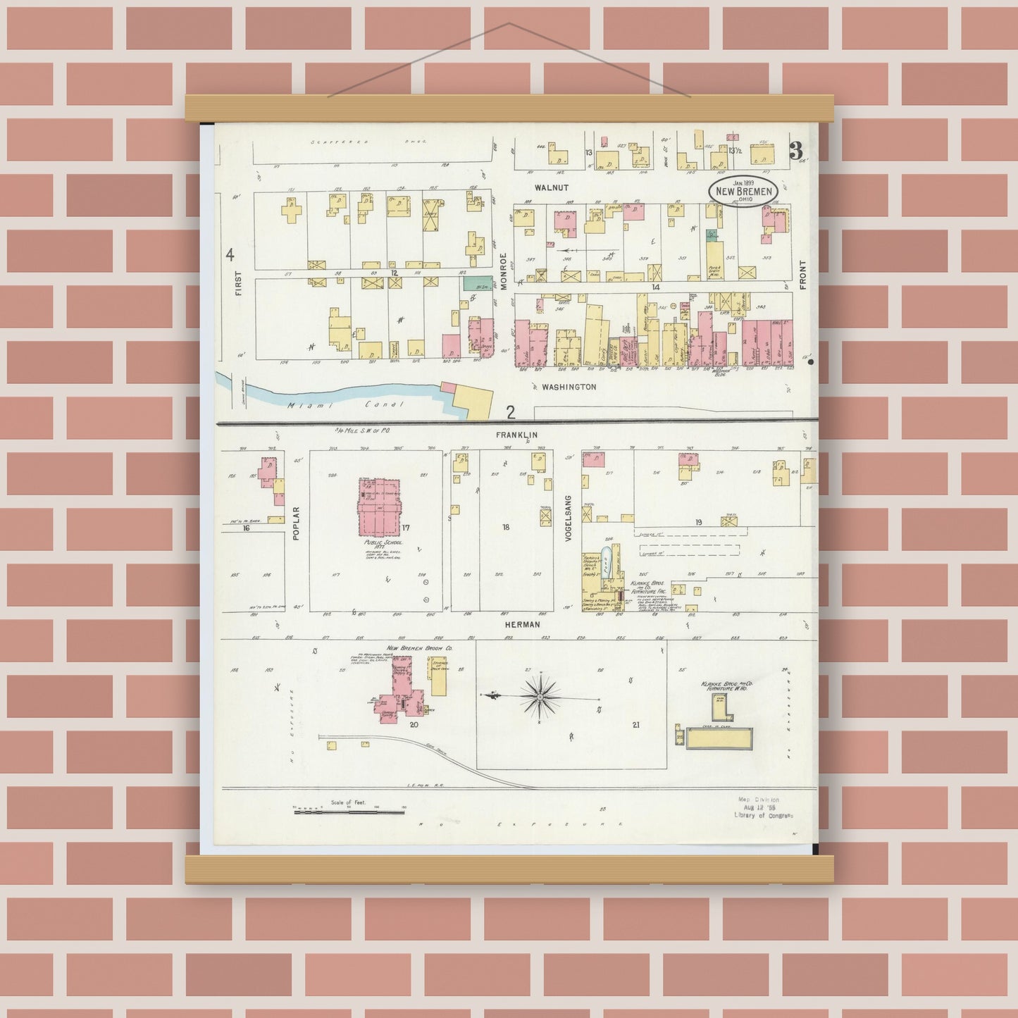 Old map wall art mockup — magnetic wood frame on brick wall — Sanborn Fire Insurance Map from New Bremen, Auglaize County, Ohio (1899), Sheet #0003