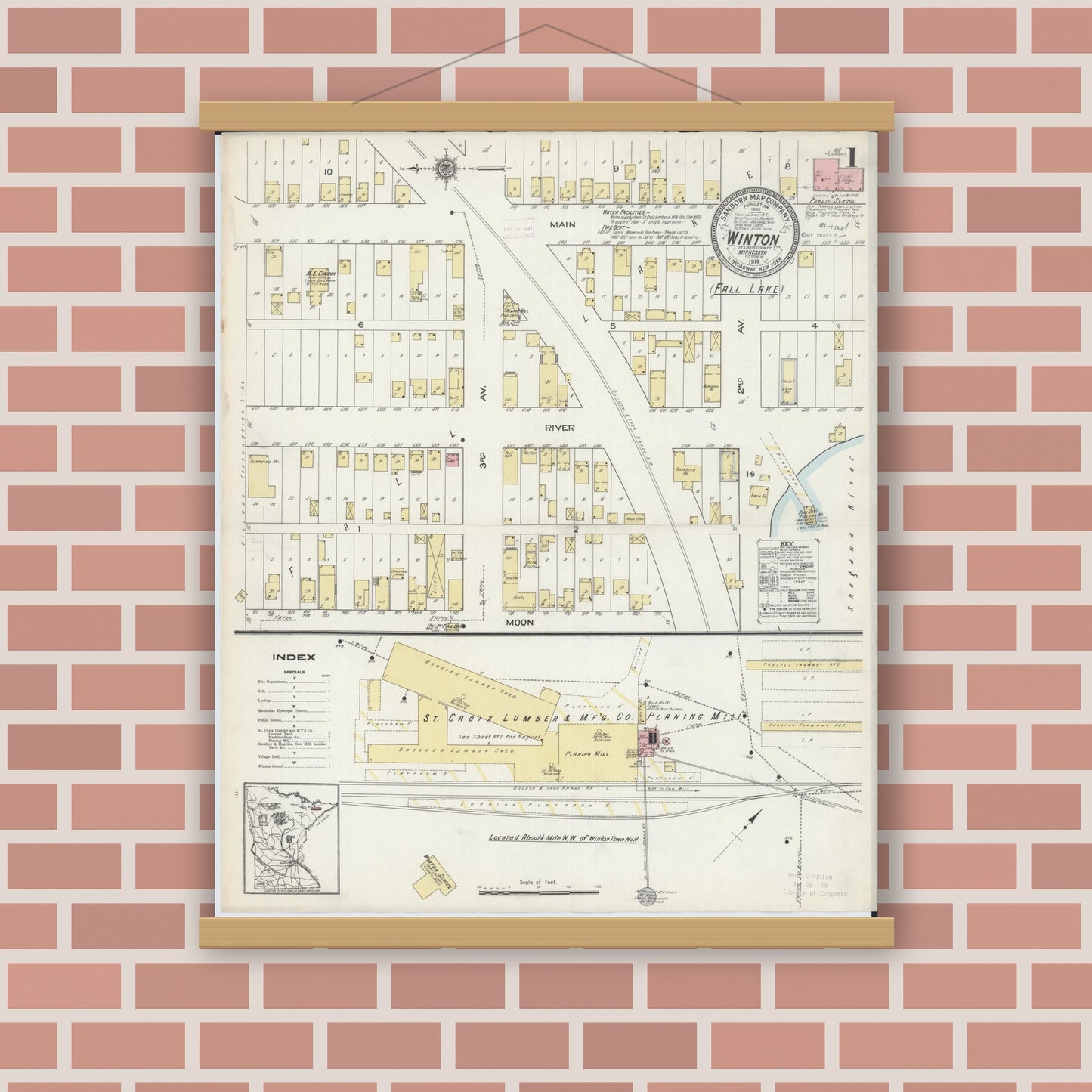 Old map wall art mockup — magnetic wood frame on brick wall — Sanborn Fire Insurance Map from Winton, Saint Louis County, Minnesota (1914), Sheet #0001