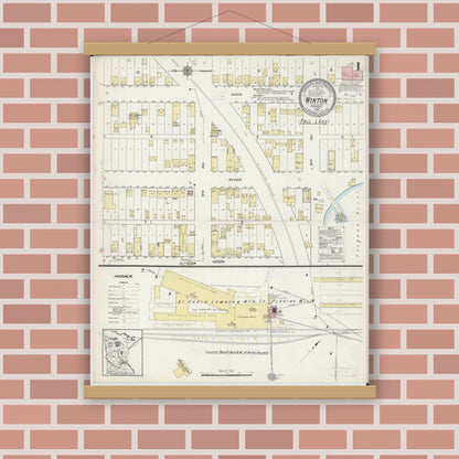 Old map wall art mockup — magnetic wood frame on brick wall — Sanborn Fire Insurance Map from Winton, Saint Louis County, Minnesota (1914), Sheet #0001